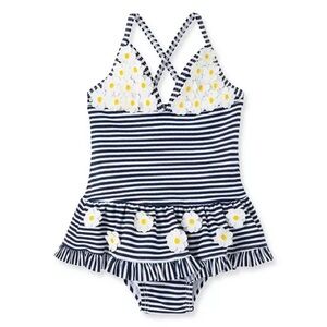 Little Me Navy and White Gingham Swimsuit with Daisy Details